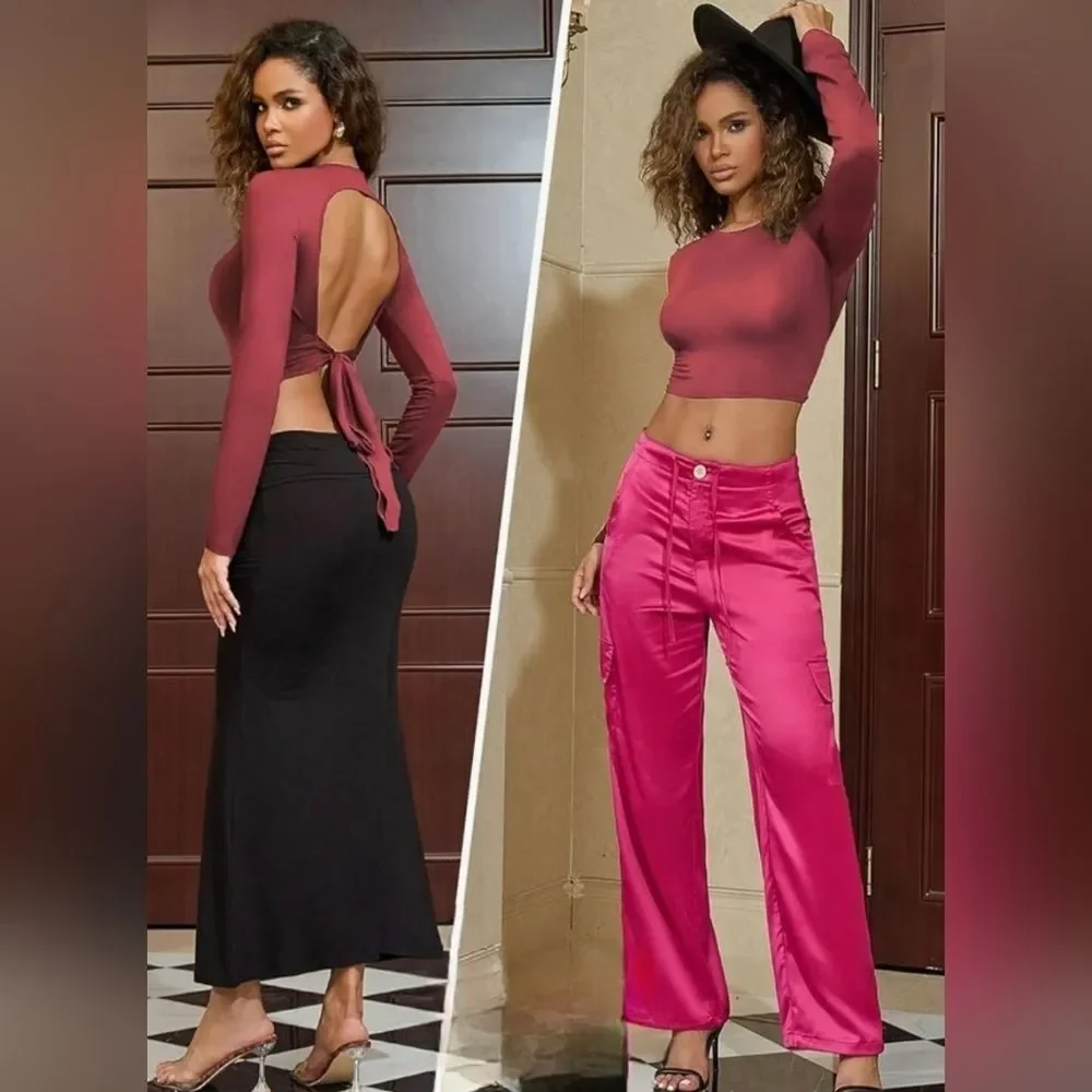 ☔️🩵⏭️NWT Burgundy Open Back Crop Long Sleeve Top Medium